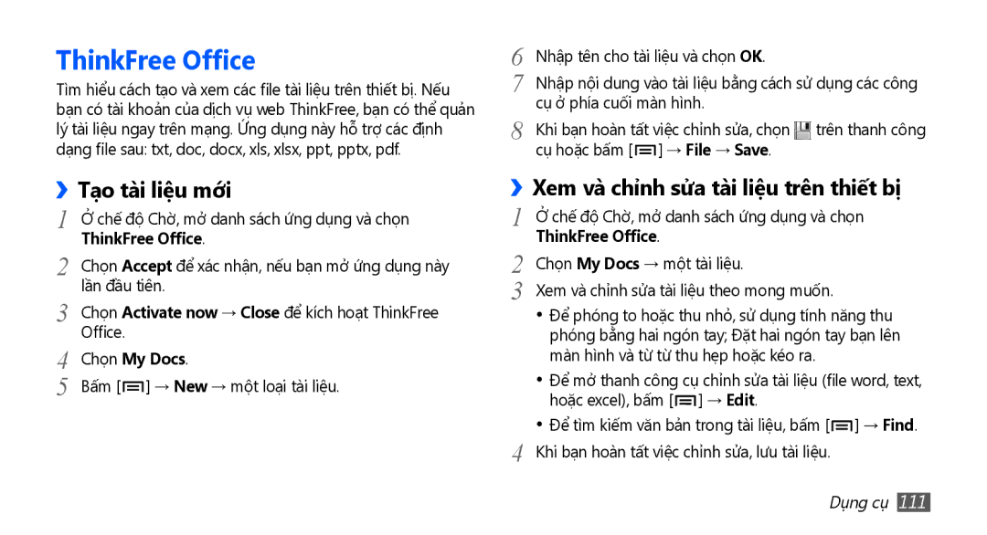 Samsung GT-I9003NKDXXV, GT-I9003NKEXXV, GT-I9003MKEXXV, GT-I9003MKAXEV manual ThinkFree Office, Tạo tài liệu mới, Chọn My Docs 