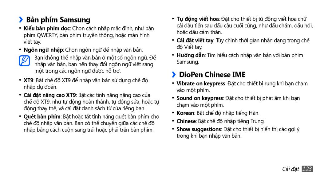 Samsung GT-I9003MKAXEV, GT-I9003NKEXXV, GT-I9003MKEXXV, GT-I9003NKDXXV manual ››Bàn phím Samsung, ››DioPen Chinese IME 