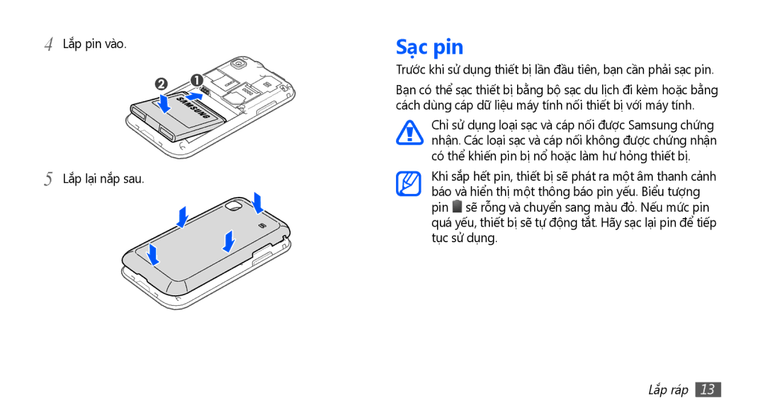 Samsung GT-I9003MKAXEV, GT-I9003NKEXXV, GT-I9003MKEXXV, GT-I9003NKDXXV, GT-I9003MKDXXV Sạc pin, Lắp pin vào Lắp lại nắp sau 