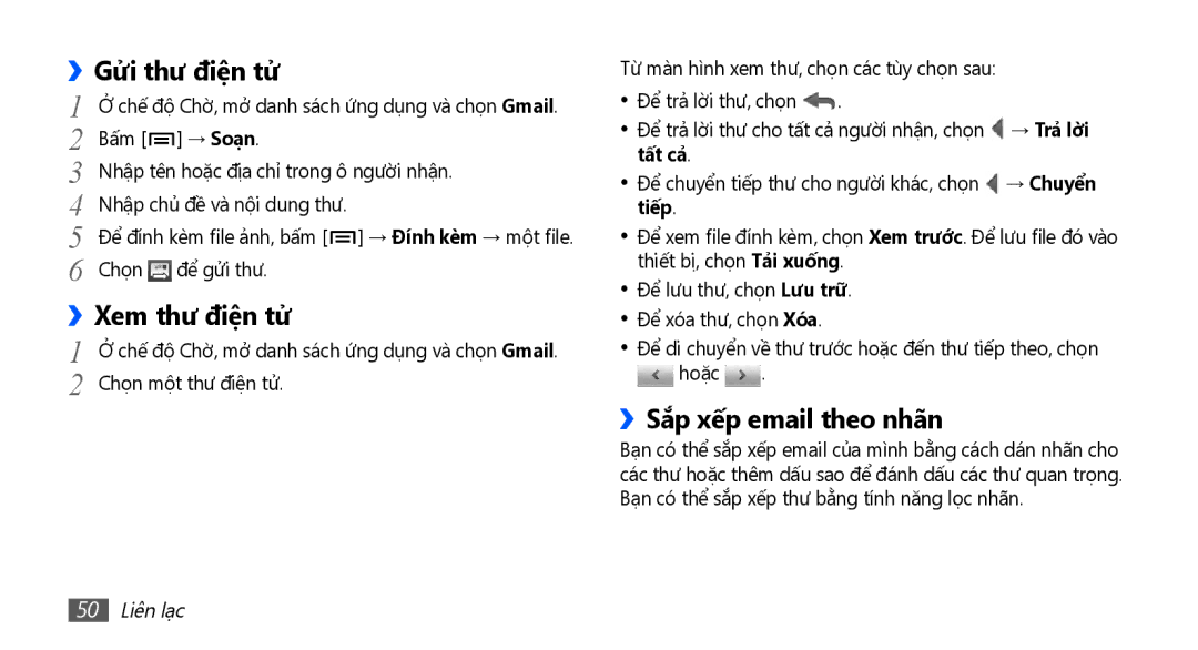 Samsung GT-I9003NKEXEV, GT-I9003NKEXXV manual Gửi thư điện tử, Xem thư điện tử, ››Sắp xếp email theo nhãn, 50 Liên lạc 