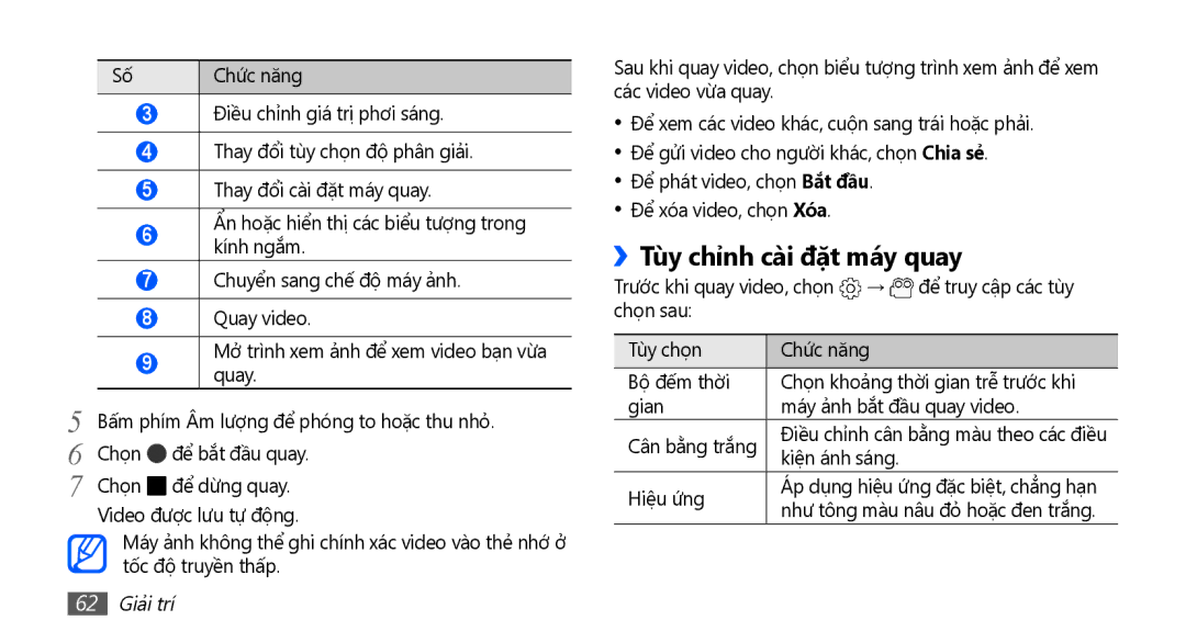 Samsung GT-I9003ISEXEV manual Tùy chỉnh cài đặt máy quay, Trước khi quay video, chọn → để truy cập các tùy, 62 Giải trí 