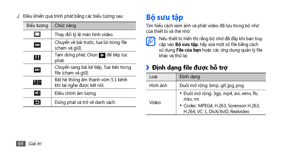 Samsung GT-I9003MKDXEV, GT-I9003NKEXXV, GT-I9003MKEXXV, GT-I9003NKDXXV Bộ sưu tập, ››Định dạng file được hỗ trợ, 64 Giải trí 