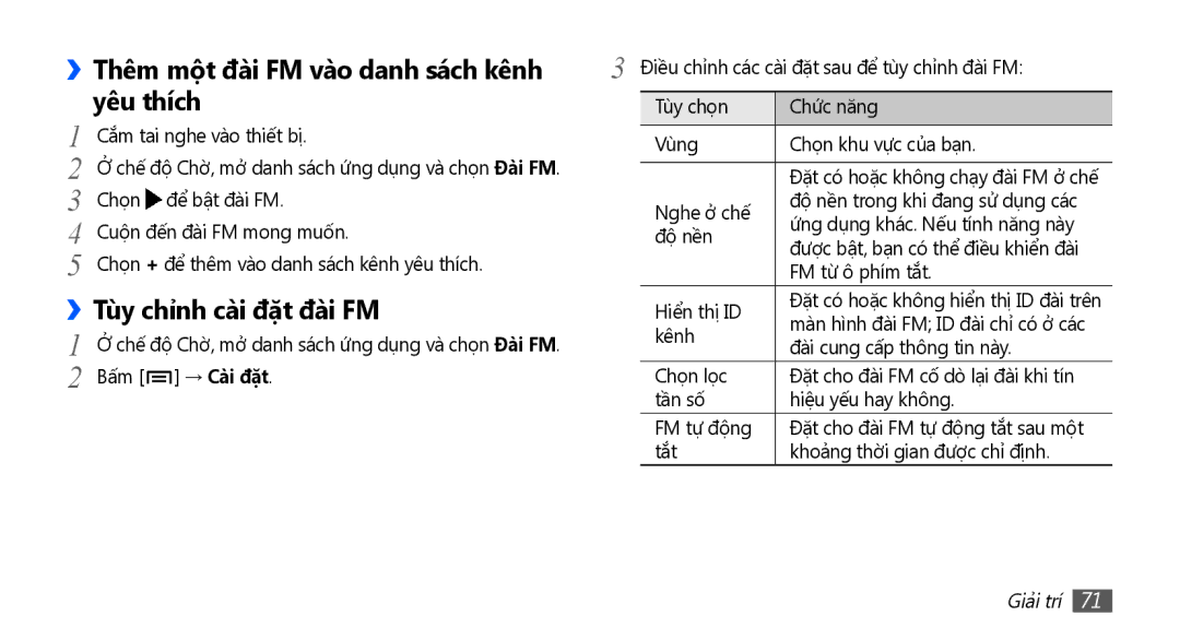 Samsung GT-I9003NKDXEV, GT-I9003NKEXXV manual Thêm một đài FM vào danh sách kênh, Yêu thích, Tùy chỉnh cài đặt đài FM 