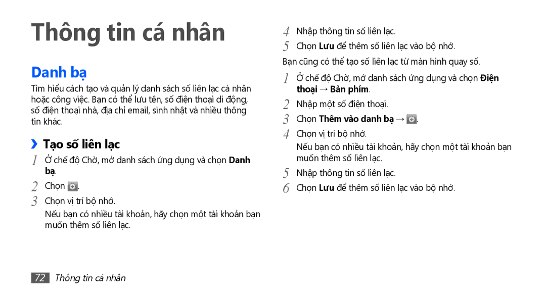 Samsung GT-I9003NKEXEV manual Thông tin cá nhân, Danh bạ, Tạo số liên lạc, Thoại → Bàn phím, Chọn Thêm vào danh bạ → 