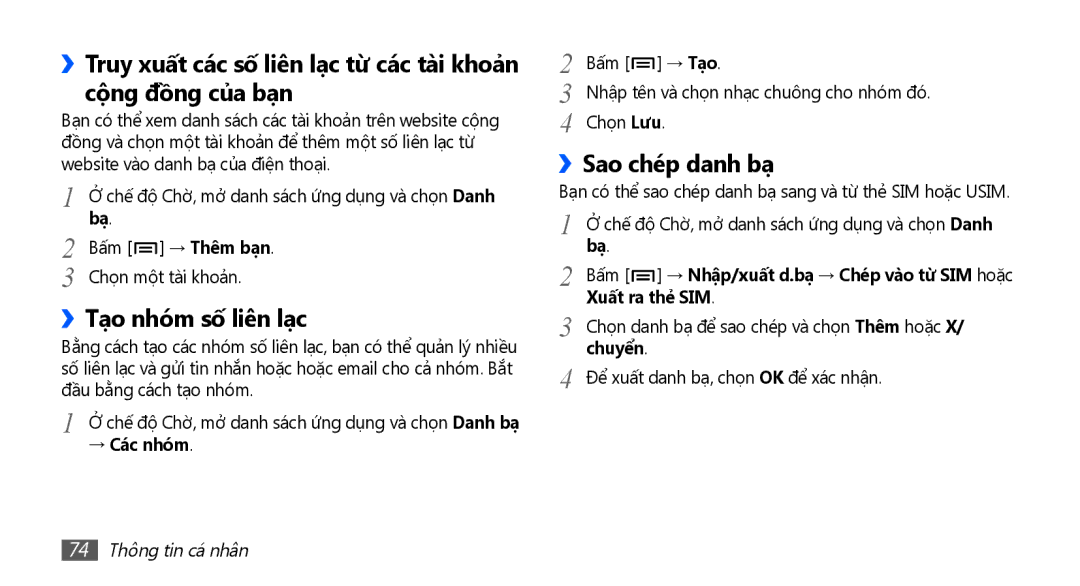 Samsung GT-I9003ISDXEV manual ››Tạo nhóm số liên lạc, ››Sao chép danh bạ, → Các nhóm, Xuất ra thẻ SIM, 74 Thông tin cá nhân 