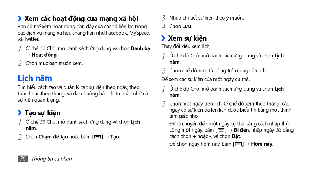 Samsung GT-I9003NKEXXV, GT-I9003MKEXXV manual Lịch năm, ››Xem các hoạt động của mạng xã hội, Tạo sự kiện, Xem sự kiện 