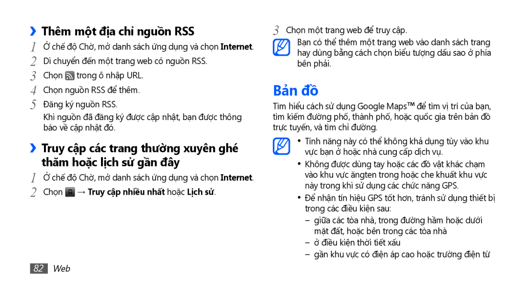 Samsung GT-I9003NKDXEV, GT-I9003NKEXXV, GT-I9003MKEXXV manual Bản đồ, Chọn → Truy cập nhiều nhất hoặc Lịch sử, 82 Web 
