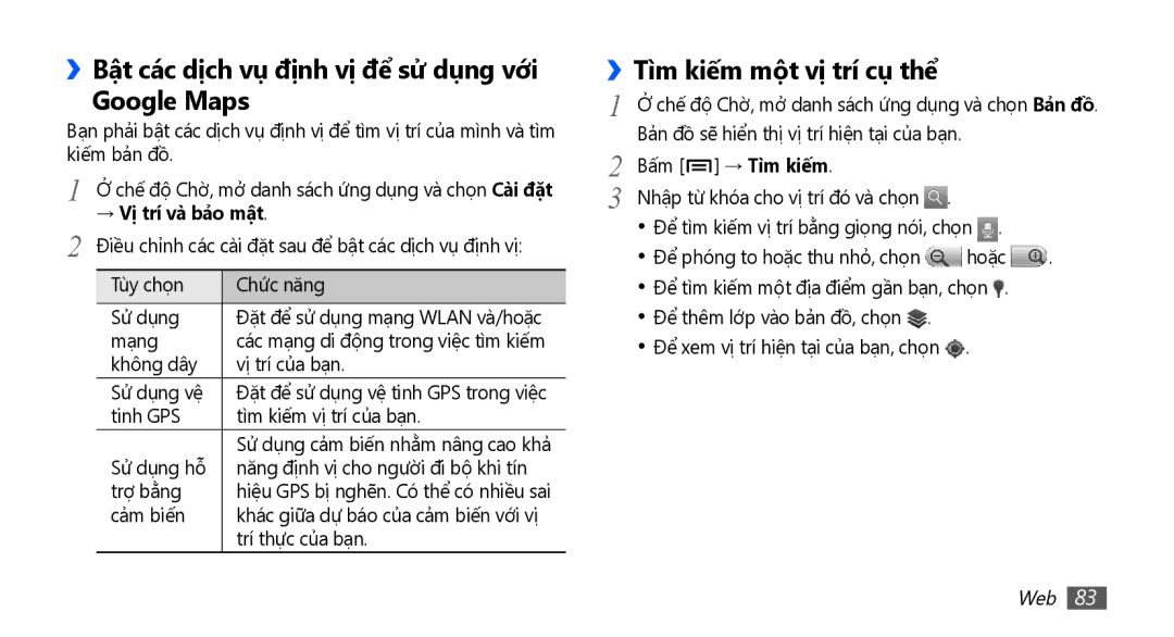 Samsung GT-I9003NKEXEV, GT-I9003NKEXXV ››Bật các dịch vụ định vị để sử dụng với Google Maps, Tìm kiếm một vị trí cụ thể 