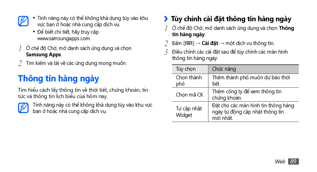 Samsung GT-I9003NKDXXV, GT-I9003NKEXXV manual Thông tin hàng ngày, ››Tùy chỉnh cài đặt thông tin hàng ngày, Tin hàng ngày 