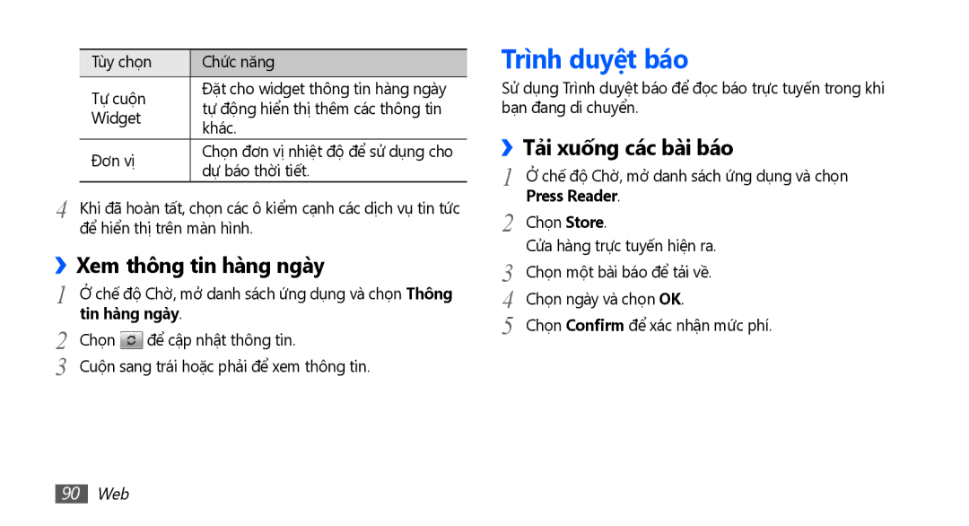 Samsung GT-I9003MKAXEV manual Trình duyệt báo, Xem thông tin hàng ngày, Tải xuống các bài báo, Press Reader, 90 Web 
