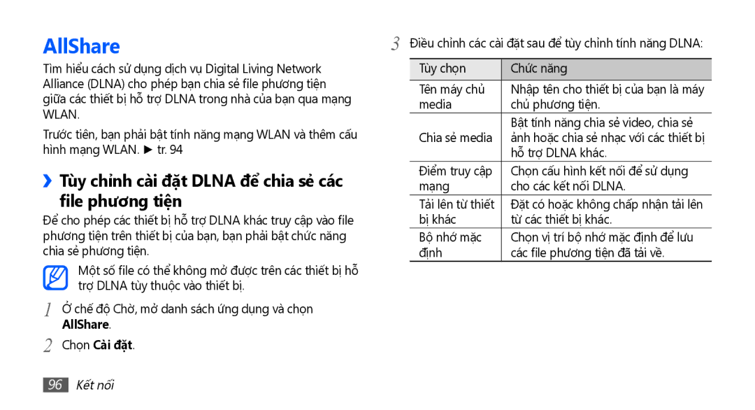 Samsung GT-I9003ISDXEV manual AllShare, ››Tùy chỉnh cài đặt Dlna để chia sẻ các file phương tiện, Chọn Cài đặt, 96 Kết nối 