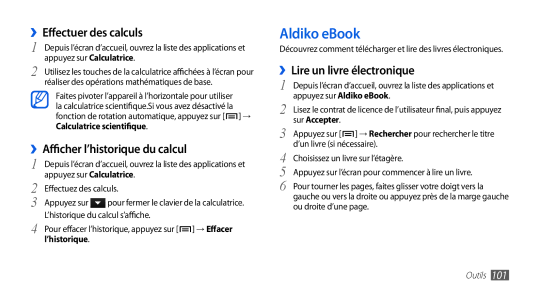 Samsung GT-I9003MKDFTM, GT-I9003RWDBOG manual Aldiko eBook, ››Effectuer des calculs, ››Afficher l’historique du calcul 