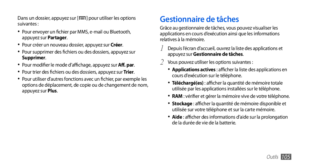 Samsung GT-I9003NKDVGF, GT-I9003RWDBOG, GT-I9003RWDVGF Gestionnaire de tâches, Vous pouvez utiliser les options suivantes 