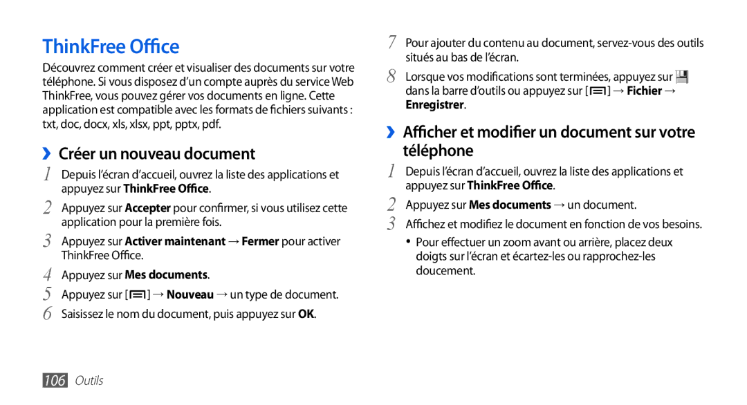 Samsung GT-I9003MKDSFR, GT-I9003RWDBOG, GT-I9003RWDVGF manual ››Créer un nouveau document, Appuyez sur ThinkFree Office 