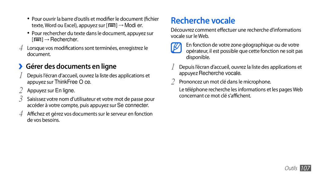 Samsung GT-I9003MKDXEF, GT-I9003RWDBOG, GT-I9003RWDVGF, GT-I9003MKDBOG manual Recherche vocale, ››Gérer des documents en ligne 