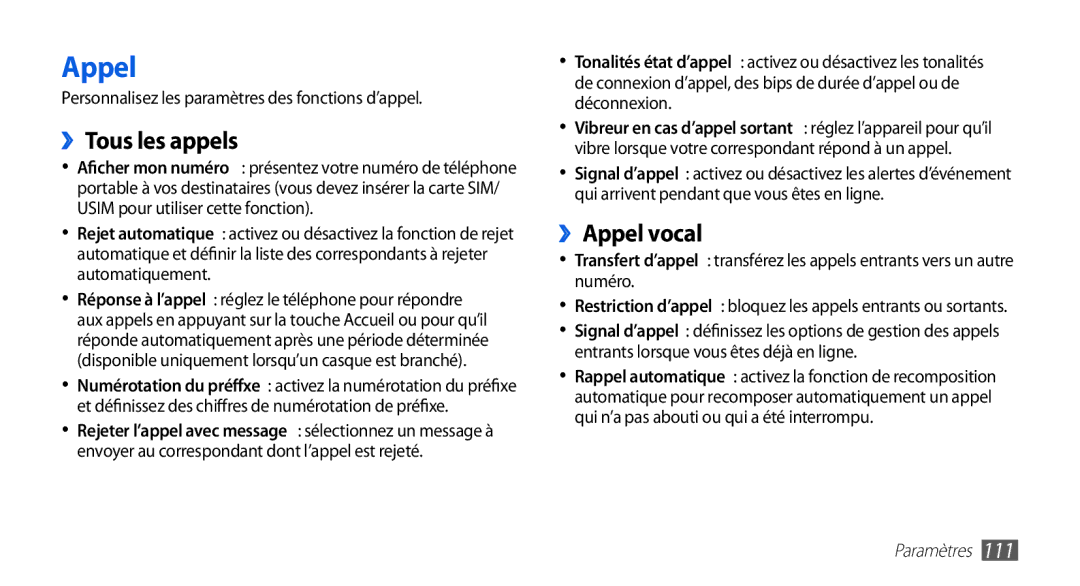 Samsung GT-I9003NKDXEF manual ››Tous les appels, ››Appel vocal, Personnalisez les paramètres des fonctions d’appel 