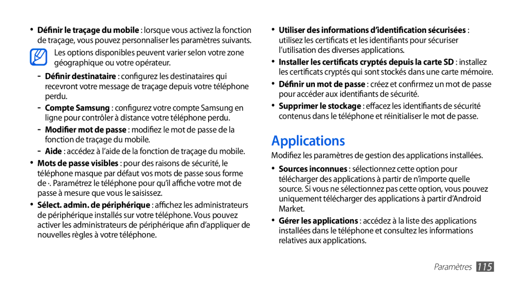 Samsung GT-I9003MKDNRJ, GT-I9003RWDBOG, GT-I9003RWDVGF, GT-I9003MKDBOG, GT-I9003NKDVGF, GT-I9003MKDSFR manual Applications 