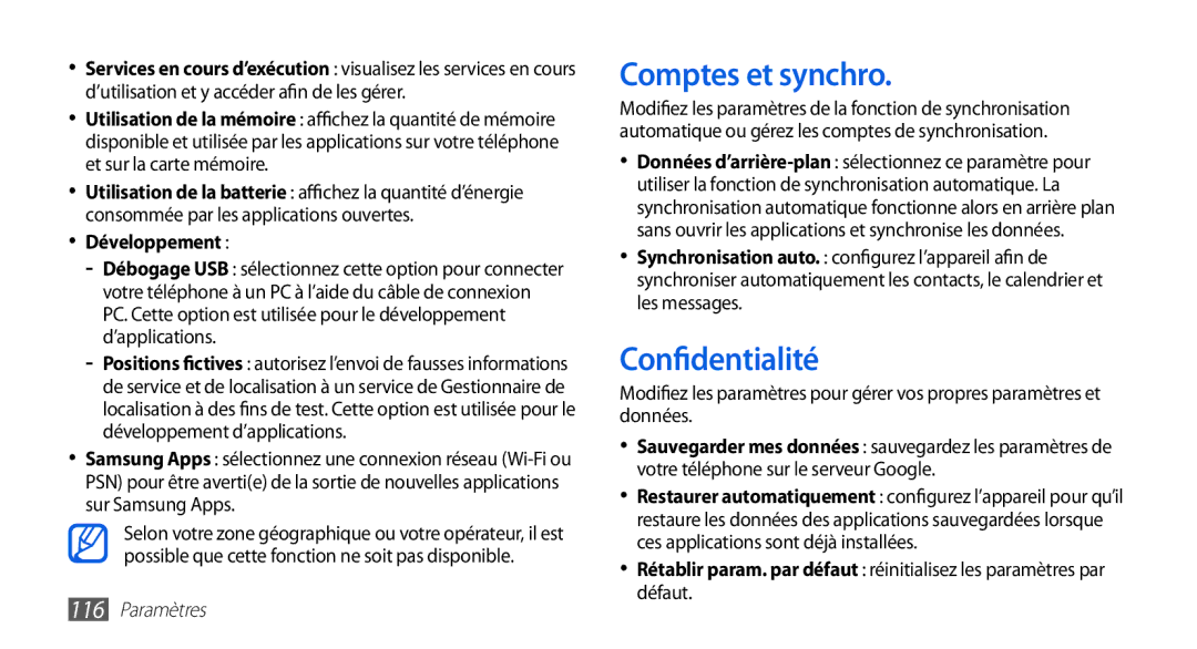 Samsung GT-I9003RWDXEF, GT-I9003RWDBOG, GT-I9003RWDVGF, GT-I9003MKDBOG Comptes et synchro, Confidentialité, Développement 