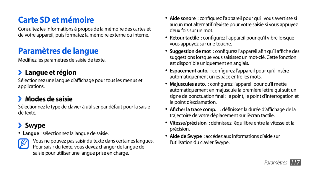 Samsung GT-I9003RWDSFR manual Carte SD et mémoire, Paramètres de langue, ››Langue et région, ››Modes de saisie, ››Swype 