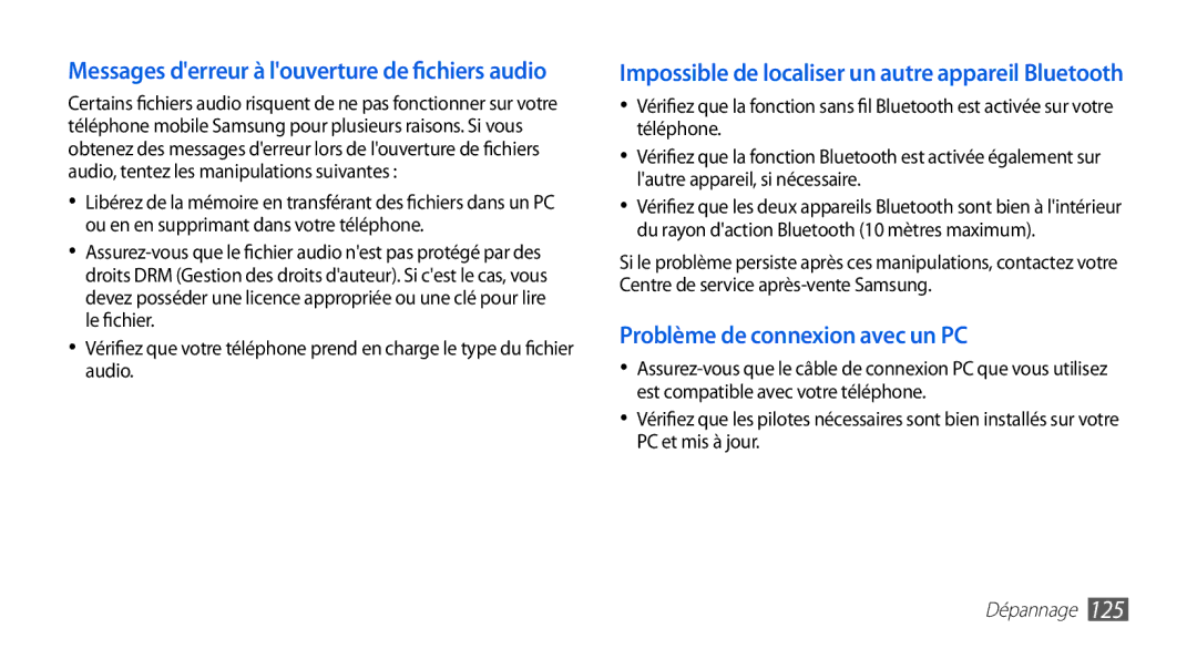 Samsung GT-I9003ISDXEF, GT-I9003RWDBOG, GT-I9003RWDVGF, GT-I9003MKDBOG, GT-I9003NKDVGF manual Problème de connexion avec un PC 