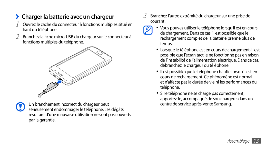 Samsung GT-I9003MKDNRJ, GT-I9003RWDBOG, GT-I9003RWDVGF, GT-I9003MKDBOG, GT-I9003NKDVGF ››Charger la batterie avec un chargeur 