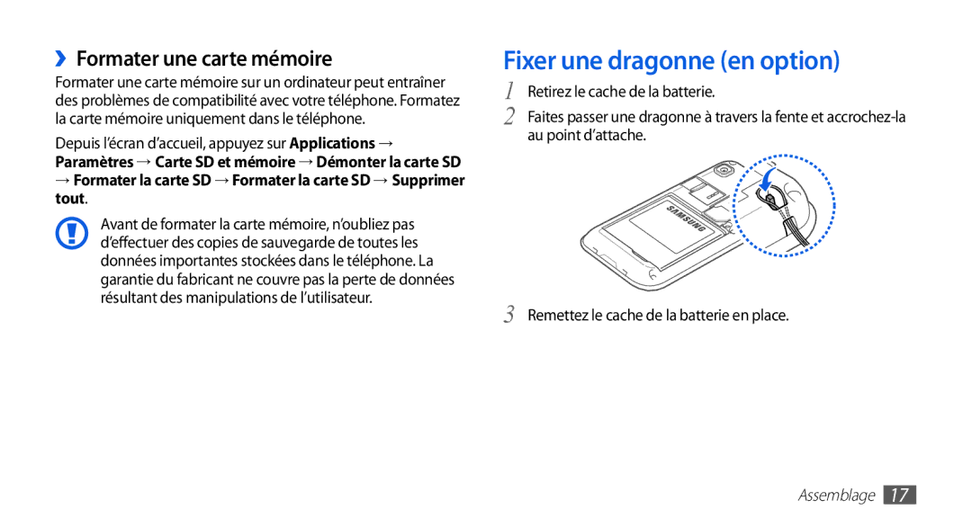 Samsung GT-I9003RWDBOG, GT-I9003RWDVGF, GT-I9003MKDBOG manual Fixer une dragonne en option, ››Formater une carte mémoire 