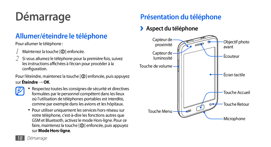 Samsung GT-I9003RWDVGF manual Démarrage, Présentation du téléphone Allumer/éteindre le téléphone, ››Aspect du téléphone 