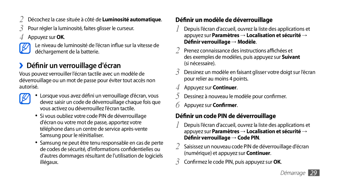 Samsung GT-I9003MKDVGF ››Définir un verrouillage décran, Modèle de déverrouillage, Définir un code PIN de déverrouillage 