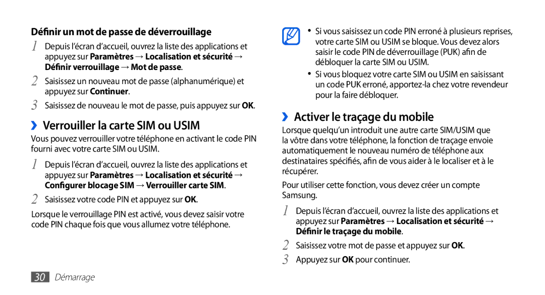 Samsung GT-I9003MKDNRJ, GT-I9003RWDBOG ››Verrouiller la carte SIM ou Usim, ››Activer le traçage du mobile, 30 Démarrage 