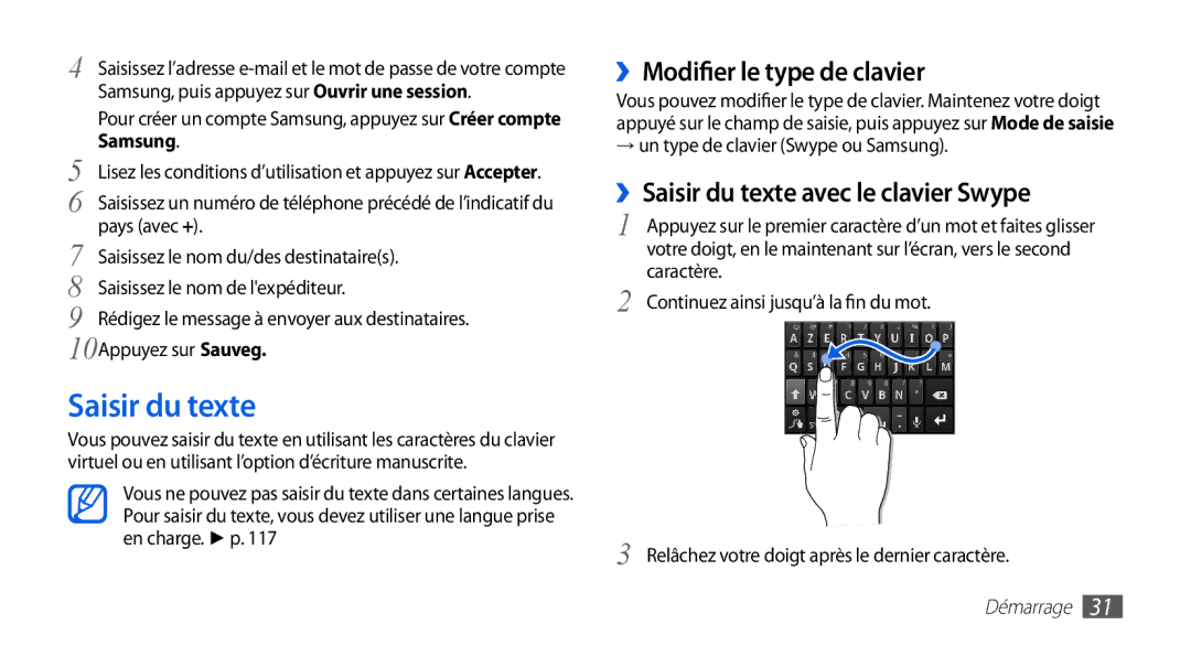 Samsung GT-I9003RWDXEF, GT-I9003RWDBOG ››Modifier le type de clavier, ››Saisir du texte avec le clavier Swype, Samsung 