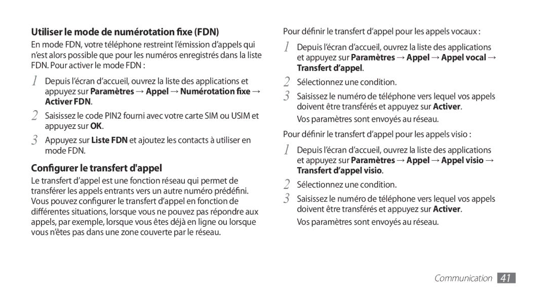 Samsung GT-I9003ISDBOG, GT-I9003RWDBOG manual Utiliser le mode de numérotation fixe FDN, Configurer le transfert dappel 