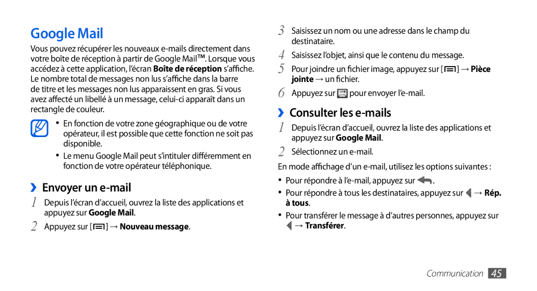 Samsung GT-I9003NKDBOG, GT-I9003RWDBOG manual Google Mail, ››Envoyer un e-mail, ››Consulter les e-mails, Tous, → Transférer 