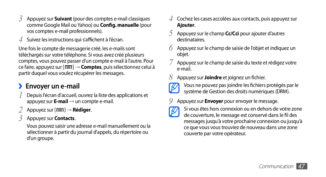 Samsung GT-I9003MKDNRJ, GT-I9003RWDBOG, GT-I9003RWDVGF Envoyer un e-mail, Suivez les instructions qui s’affichent à l’écran 