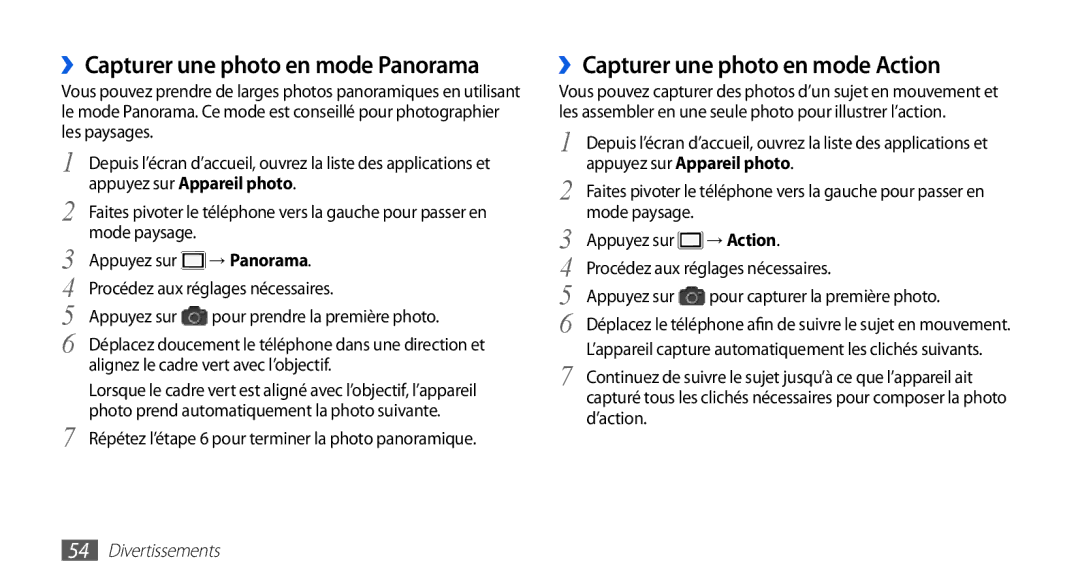 Samsung GT-I9003NKDVGF manual ››Capturer une photo en mode Panorama, ››Capturer une photo en mode Action, → Action 