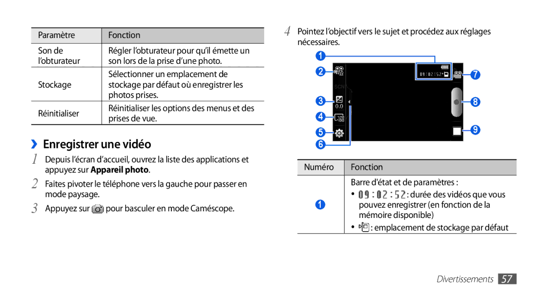 Samsung GT-I9003ISDXEF ››Enregistrer une vidéo, Paramètre Fonction Son de, Photos prises, Réinitialiser, Prises de vue 