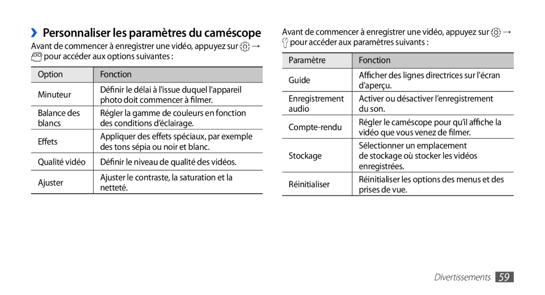 Samsung GT-I9003RWDNRJ, GT-I9003RWDBOG, GT-I9003RWDVGF, GT-I9003MKDBOG manual ››Personnaliser les paramètres du caméscope 