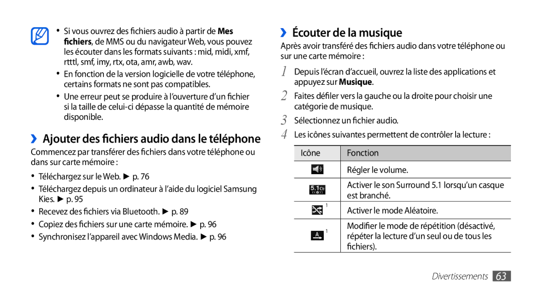 Samsung GT-I9003MKDVGF ››Écouter de la musique, ››Ajouter des fichiers audio dans le téléphone, Est branché, Fichiers 