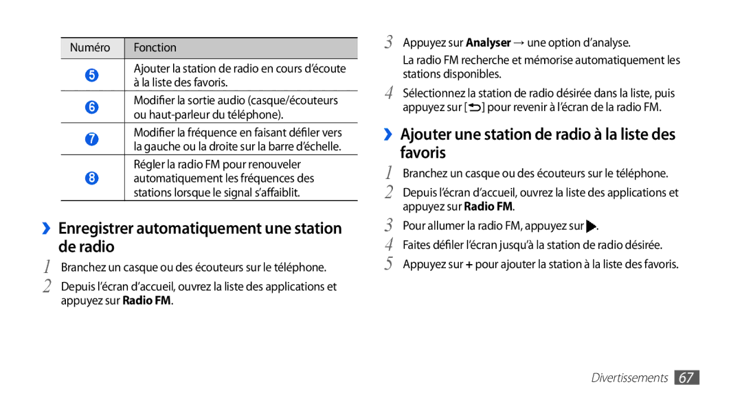 Samsung GT-I9003MKDFTM manual ››Enregistrer automatiquement une station de radio, Pour allumer la radio FM, appuyez sur 