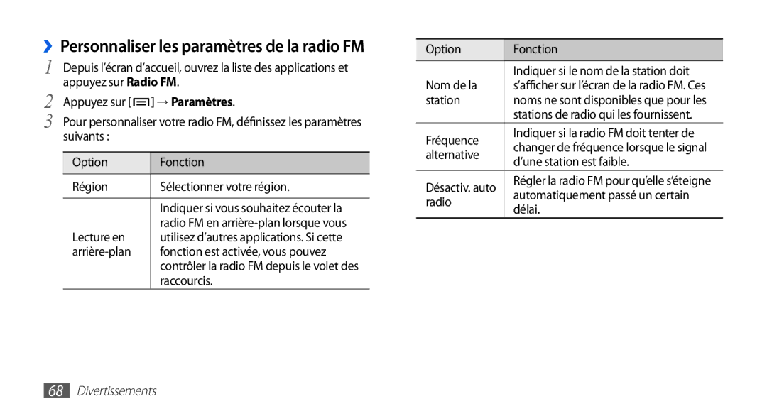 Samsung GT-I9003RWDBOG Lecture en, Arrière-plan Fonction est activée, vous pouvez, Raccourcis, Nom de la, Station, Radio 