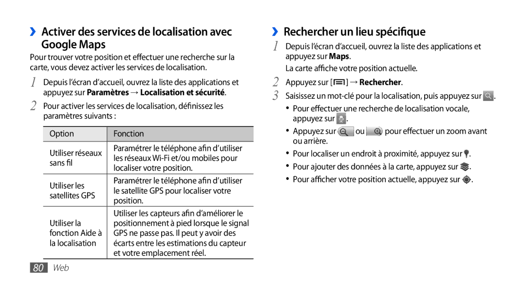 Samsung GT-I9003MKDVGF ››Activer des services de localisation avec Google Maps, ››Rechercher un lieu spécifique, 80 Web 