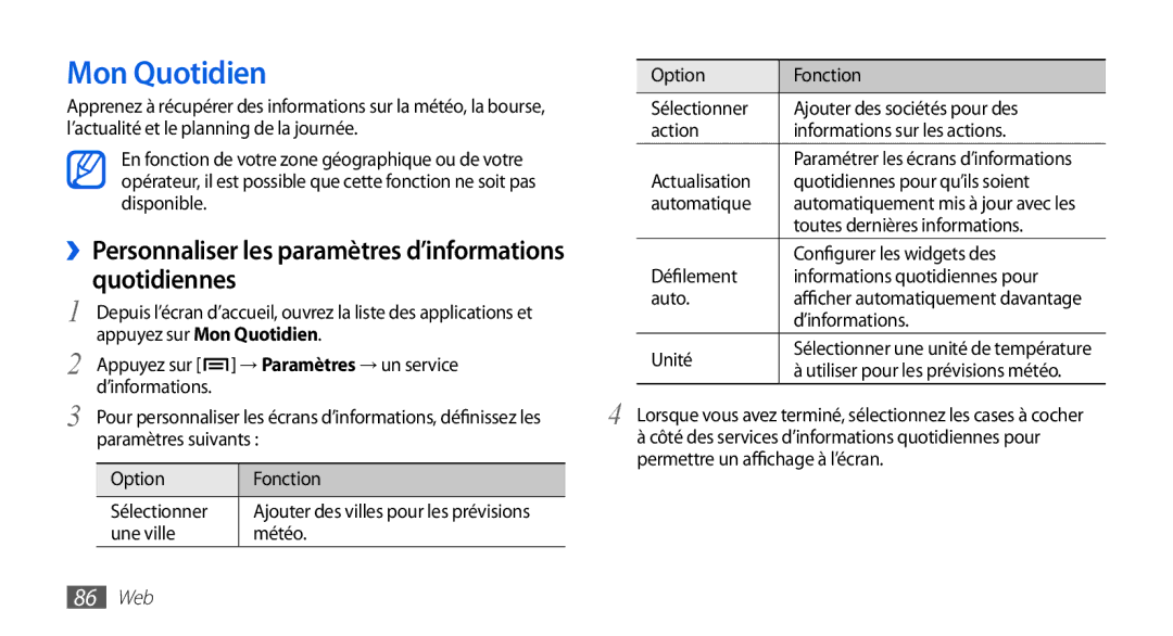 Samsung GT-I9003RWDVGF, GT-I9003RWDBOG Mon Quotidien, Quotidiennes, ››Personnaliser les paramètres d’informations, 86 Web 