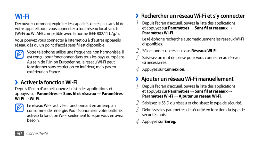 Samsung GT-I9003MKDXEF, GT-I9003RWDBOG manual ››Activer la fonction Wi-Fi, ››Ajouter un réseau Wi-Fi manuellement 