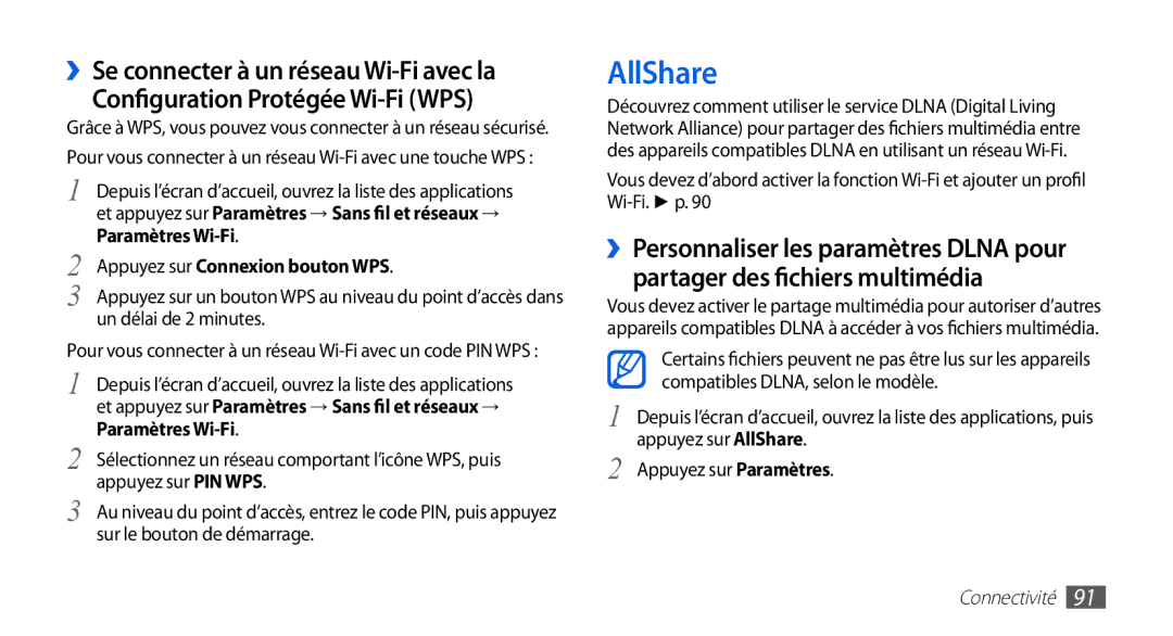 Samsung GT-I9003ISDXEF, GT-I9003RWDBOG, GT-I9003RWDVGF, GT-I9003MKDBOG manual AllShare, Appuyez sur Connexion bouton WPS 