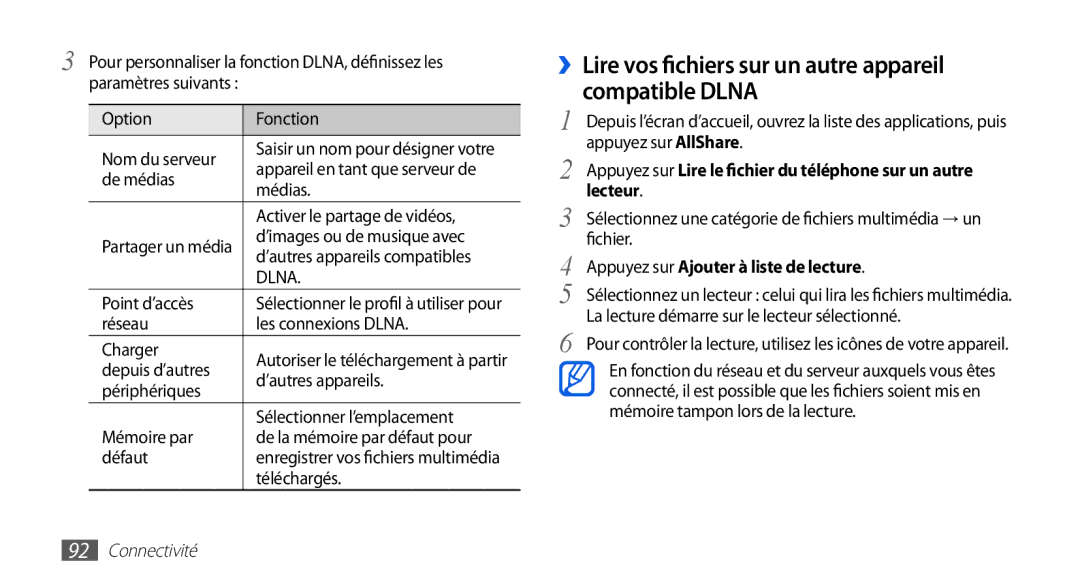Samsung GT-I9003ISDBOG, GT-I9003RWDBOG, GT-I9003RWDVGF ››Lire vos fichiers sur un autre appareil compatible Dlna, Lecteur 