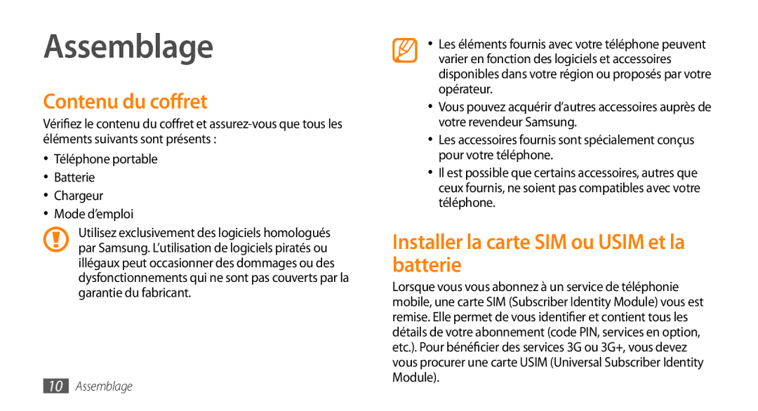 Samsung GT-I9003NKDNRJ, GT-I9003RWDBOG, GT-I9003RWDVGF Contenu du coffret, Installer la carte SIM ou Usim et la batterie 