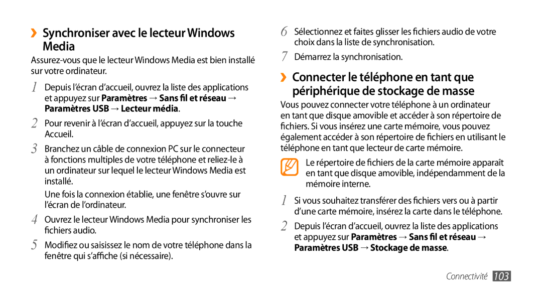 Samsung GT-I9003RWDVGF, GT-I9003RWDBOG manual Media, ››Synchroniser avec le lecteur Windows, Paramètres USB → Lecteur média 