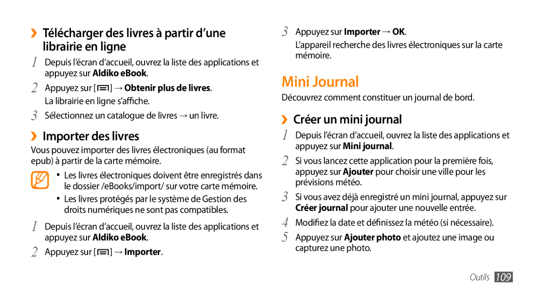 Samsung GT-I9003ISDBOG Mini Journal, ››Importer des livres, ››Créer un mini journal, Appuyez sur → Obtenir plus de livres 