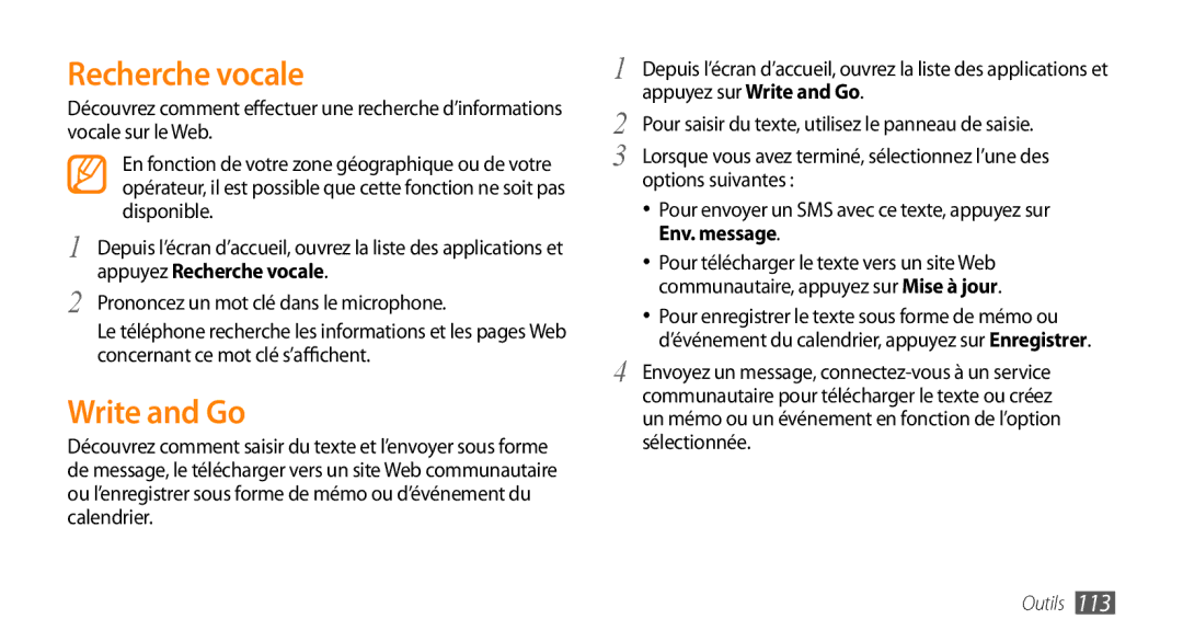 Samsung GT-I9003NKDBOG manual Recherche vocale, Write and Go, Pour envoyer un SMS avec ce texte, appuyez sur Env. message 