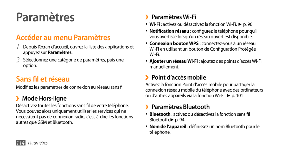 Samsung GT-I9003MKDVGF, GT-I9003RWDBOG, GT-I9003RWDVGF, GT-I9003MKDBOG manual Accéder au menu Paramètres, Sans fil et réseau 