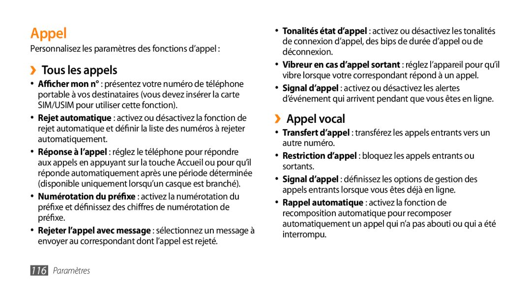 Samsung GT-I9003RWDXEF manual ››Tous les appels, ››Appel vocal, Personnalisez les paramètres des fonctions d’appel 